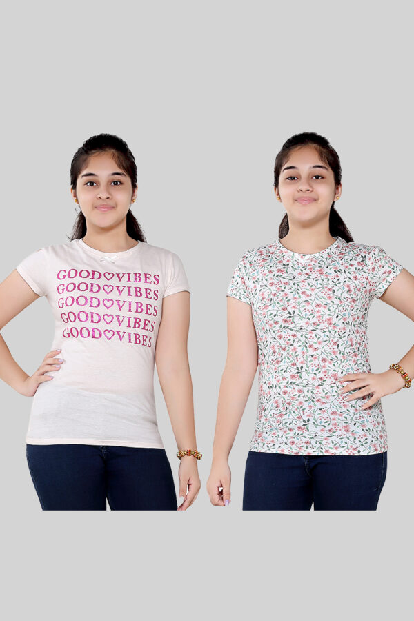Buy Girls Cream Combo All Over Print Round Neck Cotton T-shirts online in India at Apparel Bliss