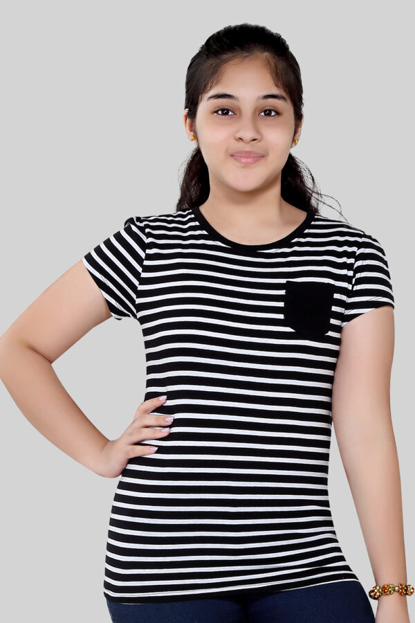 Buy Girls Black Round Neck Striped Cotton T-Shirt With Patch Pockets online in India at Apparel Bliss