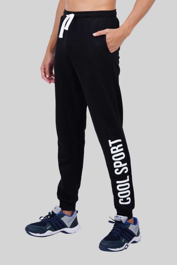 Buy Men Black Solid Jogger Track Pants With Typography Print online in India at Apparel Bliss Front